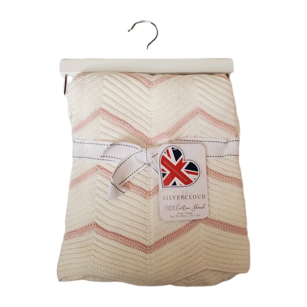 Silver Cloud Cotton Knit Baby Girl Blanket White Pink Zig Zag Stripe Silvercloud